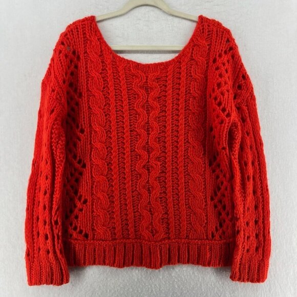 Free People Sweater Women's Sz S Red Open Cable Knit Chunky Pullover Long Sleeve - Picture 3 of 13